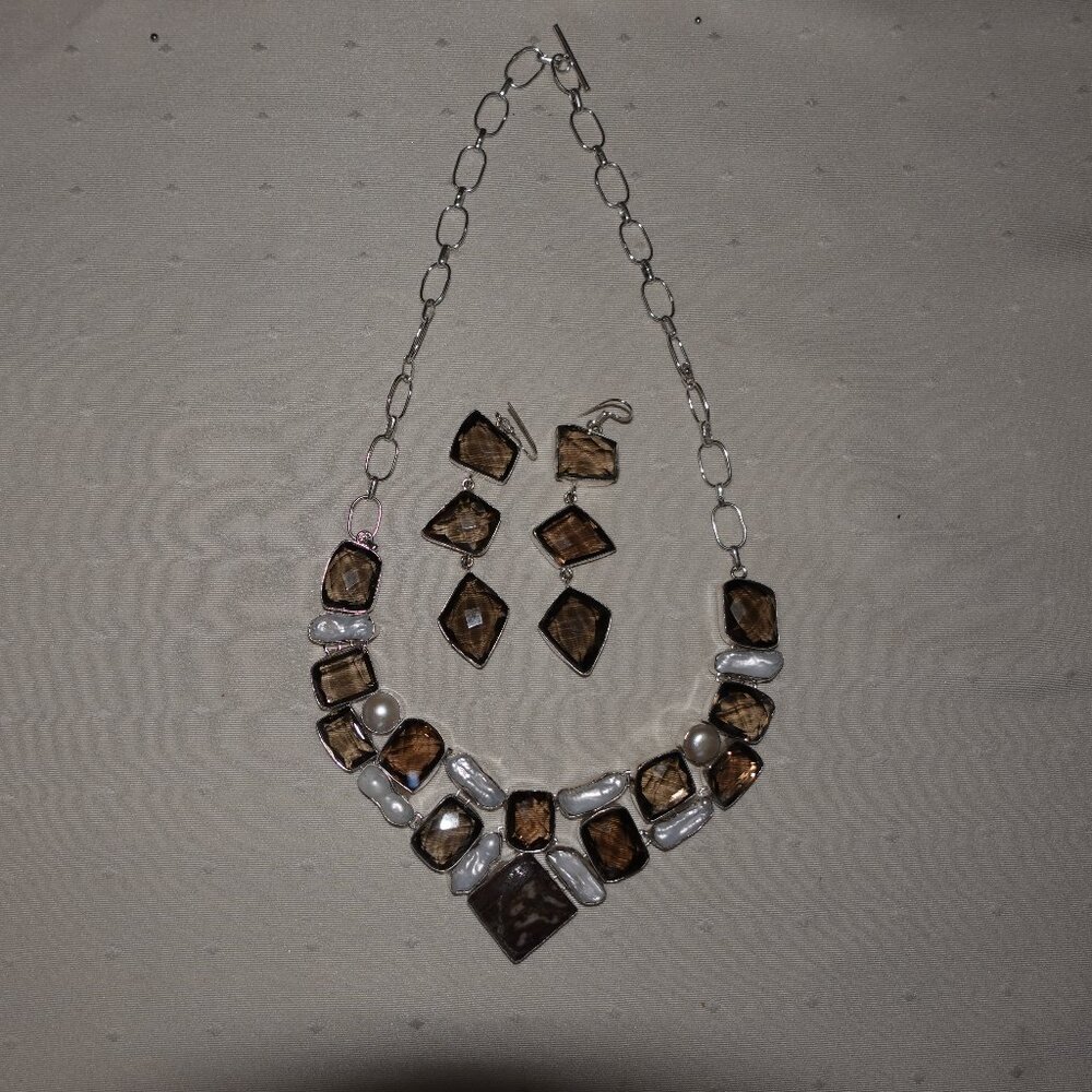 BEAUTIFUL 925 Sterling Silver Handmade BROWN QUARTZ Gemstone Necklace & Earrings